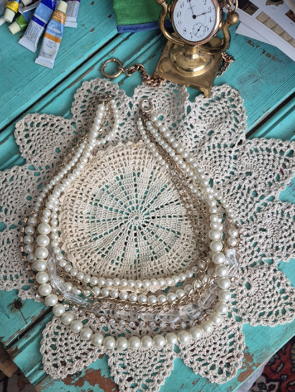 🌙Multilayer Pearl and Gold Rhinestone 7 Layer Statement Necklace